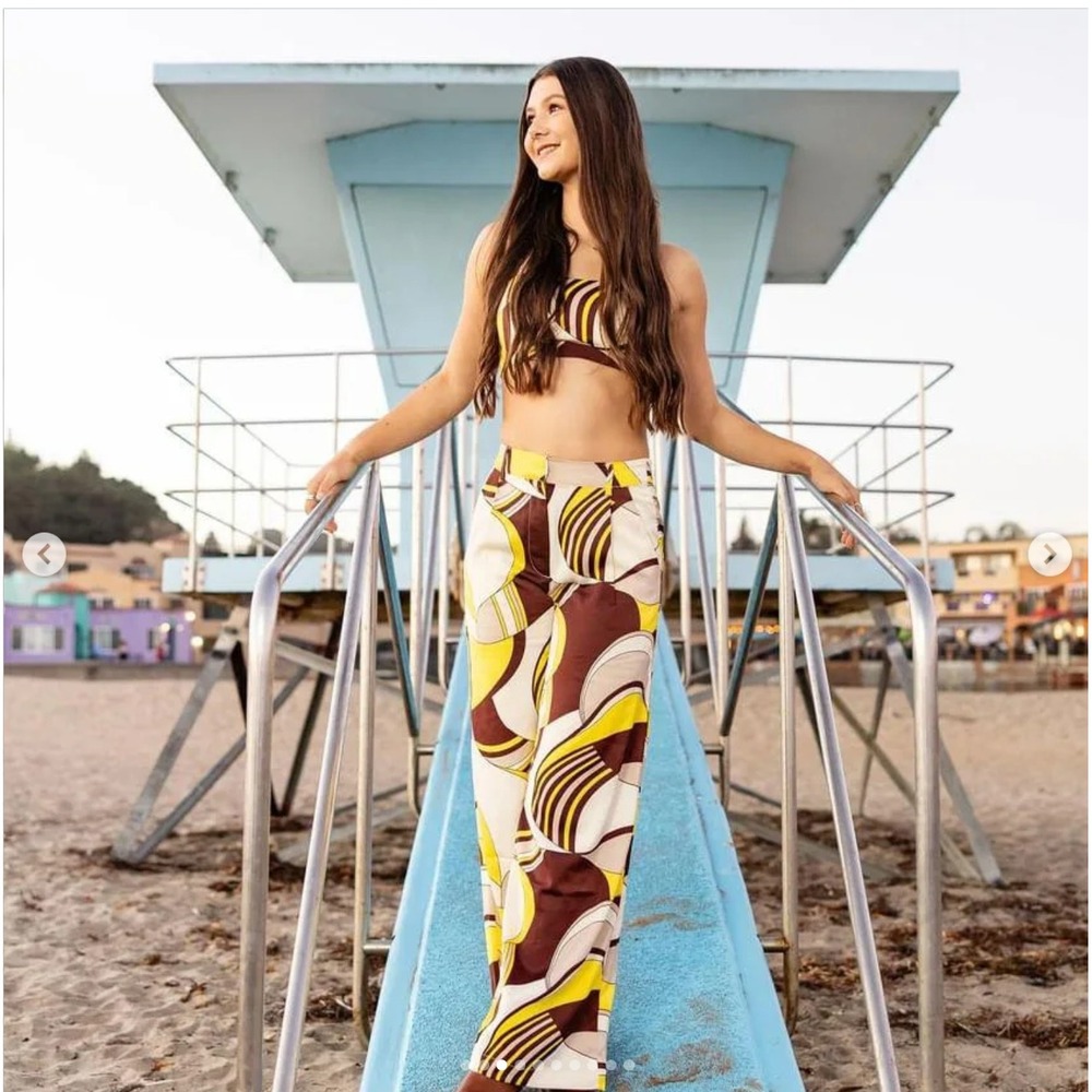 House of Harlow 1960 2-Piece Retro 70s Geometric Swirl Set Yellow Brown Women XS